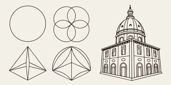 Geometric shapes and architectural line art showcase foundational design principles and classic building structure