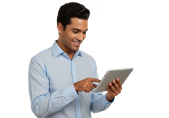 Smiling man in blue shirt interacting with a tablet device close up portrait studio shot transparent background