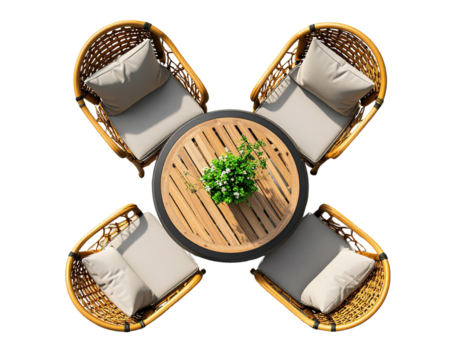 Top-Down Perspective of Outdoor Bistro Set, Two Chairs Around Round Table, isolated on transparent background PNG