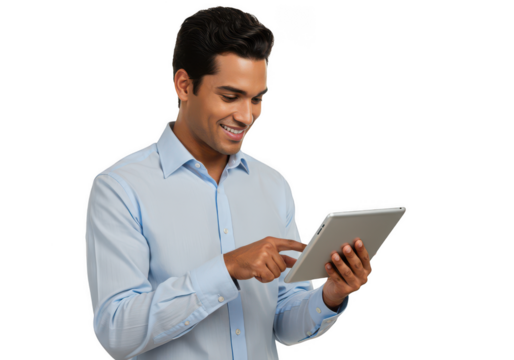 Smiling man in blue shirt interacting with a tablet device close up portrait studio shot transparent background