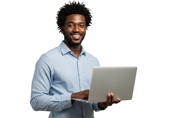 Smiling black man in light blue shirt holding laptop posing for photo transparent background