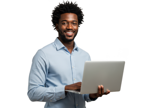 Smiling black man in light blue shirt holding laptop posing for photo transparent background