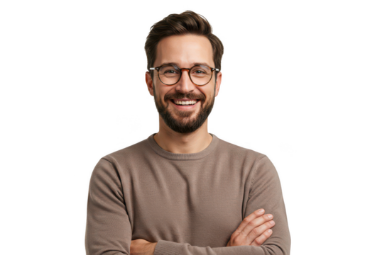 Happy bearded man with glasses smiling confidently arms crossed studio portrait transparent background