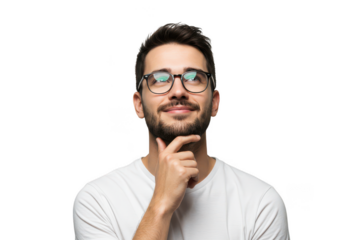 Thoughtful man with glasses pondering an idea with a slight smile transparent background