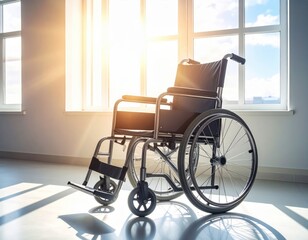 Empty wheelchair in bright room with sunlight and large windows
