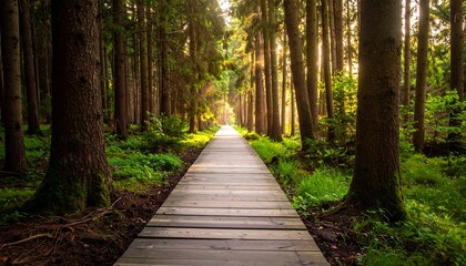 Wooden path through a sunlit forest (1)