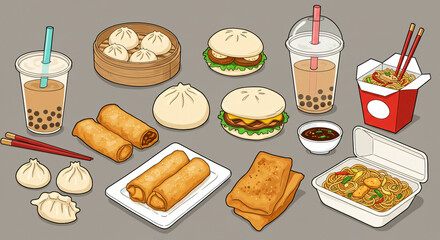Delicious Asian food collection illustration with dim sum, spring rolls, bao buns, noodles, and bubble tea. Perfect for menus and culinary themes
