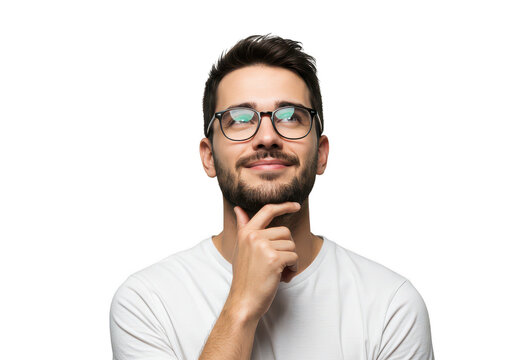 Thoughtful man with glasses pondering an idea with a slight smile transparent background