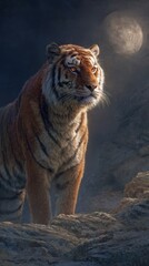 Naklejka premium A majestic tiger stands alert against a backdrop of moonlit rocks, its gaze fixed on the distant light.