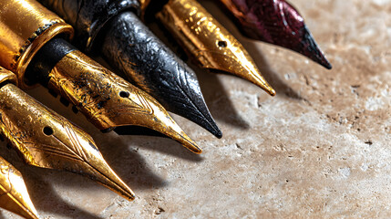 Close-up of several vintage fountain pen nibs on a textured surface.