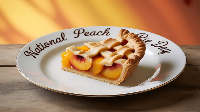 A slice of peach pie with a lattice crust served on a plate labeled 'National Peach Pie Day' against a warm background.