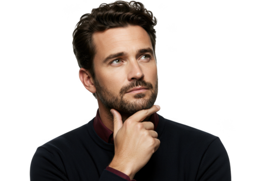 Man with hand on chin pondering a difficult question deep in thought transparent background