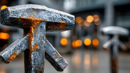Close-up of several weathered metal hammers mounted on posts outdoors.