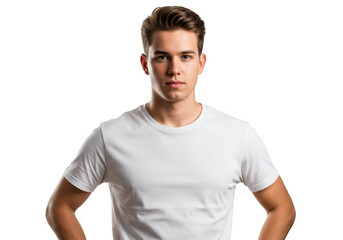 Fototapeta premium Young man in white t-shirt confidently posing with strong lighting and moody atmosphere transparent background