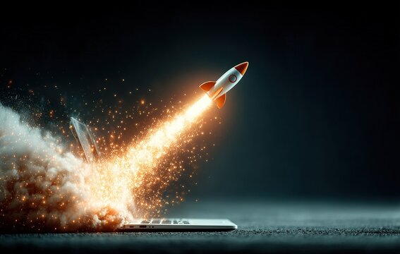Rocket emerging from open laptop with explosion effect, symbolizing speed and innovation on black and dark gray background, ideal for tech presentations and startup concepts