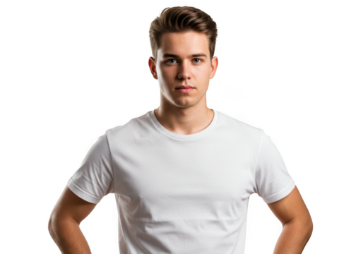 Young man in white t-shirt confidently posing with strong lighting and moody atmosphere transparent background