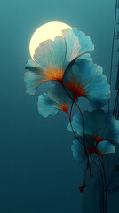 Zen Blue-Green Ginkgo Leaves with Full Moon: Elegant Natural Decorative Art Scene