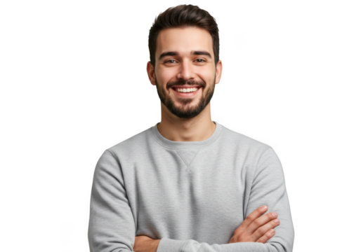 Man smiling confidently with arms crossed wearing a gray sweater transparent background