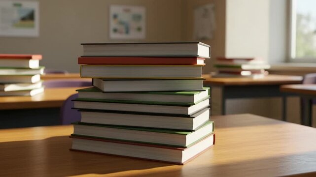 A stack of textbooks on a wooden desk in an empty classroom.