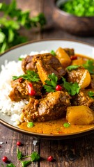 Rich beef curry served with fluffy rice, garnished with fresh herbs and chili peppers