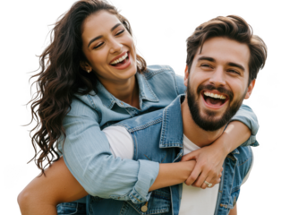 Joyful couple piggyback ride embracing happiness outdoors daytime fun transparent background