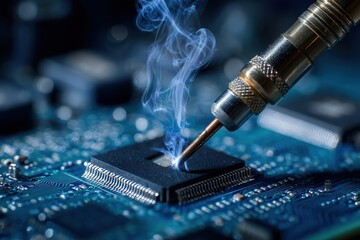 Close-up view of a soldering tool applying heat to a microchip on a circuit board, with wisps of smoke rising, showcasing intricate electronic repair techniques and craftsmanship
