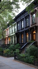 Fototapeta premium Colorful Townhouses on Tree Lined Street, Soft Lighting