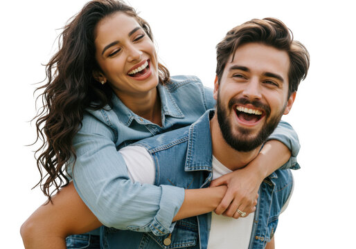 Joyful couple piggyback ride embracing happiness outdoors daytime fun transparent background