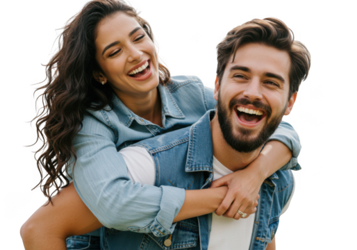 Joyful couple piggyback ride embracing happiness outdoors daytime fun transparent background - Powered by Adobe