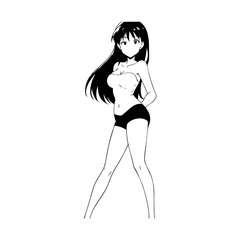 Black and white hot anime character line art illustration, stylish minimal outline drawing in clean style