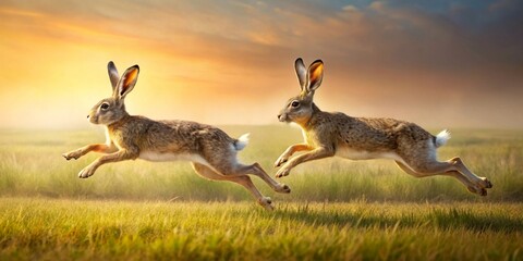 Fototapeta premium Two hares gracefully leaping across a sun-drenched meadow at dawn, showcasing their powerful legs and agile movements in a breathtaking display of wild beauty.