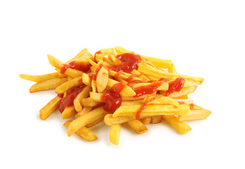Tasty french fries with ketchup on white background