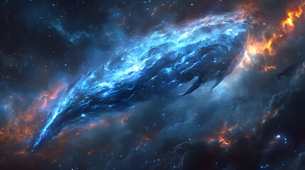Cosmic whale swims through a vibrant nebula in the vast expanse of space.