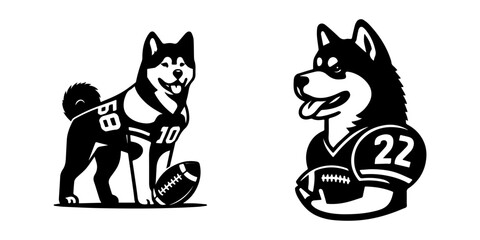Modern Minimalist Akita Dog Holding American Football Icon, Flat Silhouette of a Pet Playing Sports Vector for Athletic Illustration Design