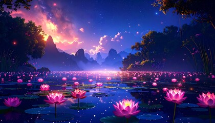 Serene twilight landscape; pink lotus flowers bloom on a calm lake, mountains in the background, under a starlit sky
