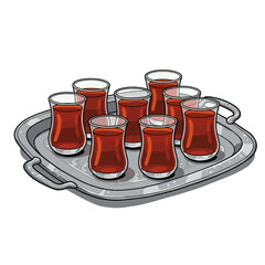 Silver tray with Arabic tea glasses filled with tea in cartoon vector style illustration with playful shapes and vibrant palette