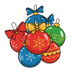 Colorful Christmas ornaments with snowflake patterns in cartoon vector style illustration with playful proportions and vibrant cheerful palette