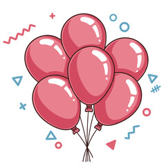 Rose chrome balloons in cartoon vector style illustration with shiny playful shapes on white background