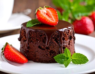 Rich chocolate cake, glazed, topped with strawberry and mint
