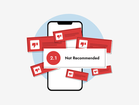 Mass posting of negative reviews and manipulated ratings damaging business reputation and reducing consumer trust, with biased feedback trends on digital platforms, vector illustration