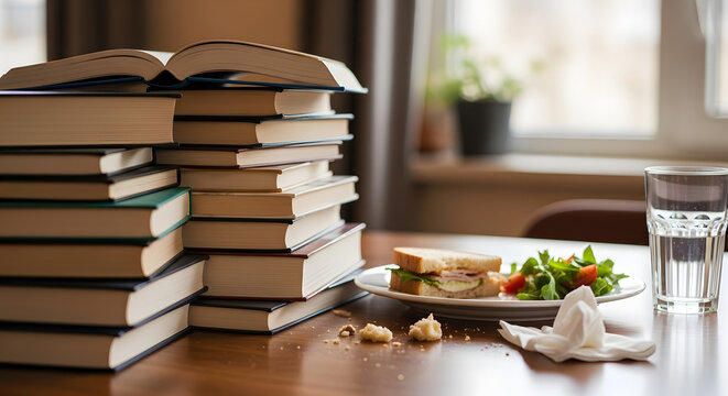 Stack of books on a wooden desk with an open book, next to a plate of sandwich and salad, and a glass of water in a cozy study room