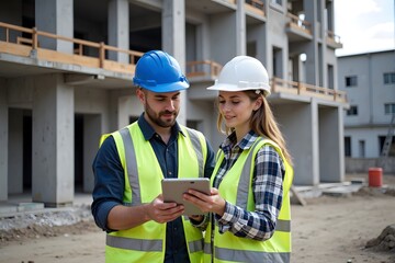 Construction workers in hard hats review plans on a tablet at a construction site.