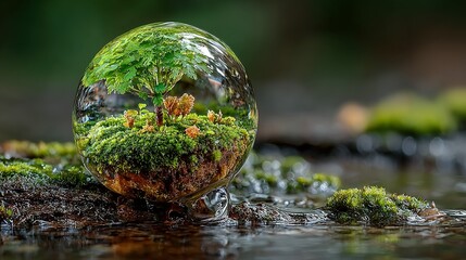 Glass sphere reflects miniature landscape with moss and small plants on a rock.