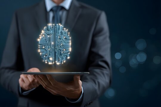 A person in a suit holds a tablet displaying a glowing digital brain with a dark background. - Powered by Adobe