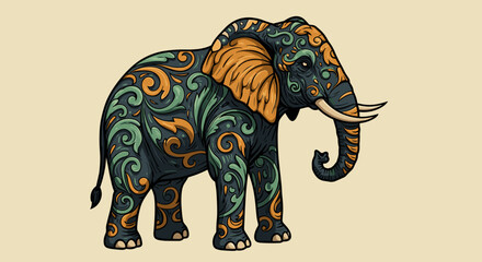 Fototapeta premium Elephant with leafy patterns, decorative and intricate, stylized poster design, ornamental style