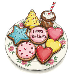Festive birthday cookies on vintage floral plate in sketch style marker and pencil illustration with rough outlines and high-contrast white background 