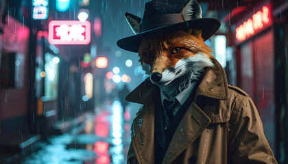 A fox in a fedora and trench coat stands in a rainy, neon-lit alleyway.