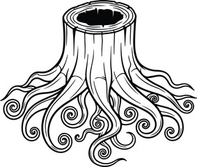 Vector Tree stump roots intricate line art style silhouette Illustrator
