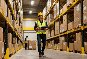  Warehouse worker in safety vest walking with clipboard.