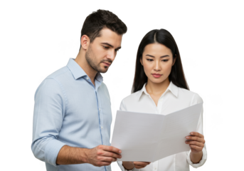 Two professionals examining a document together in a collaborative meeting focused on data transparent background